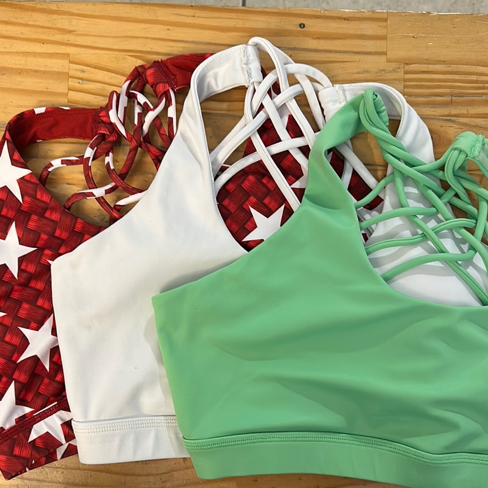 Red, White, and Green Strappy Sports Bras